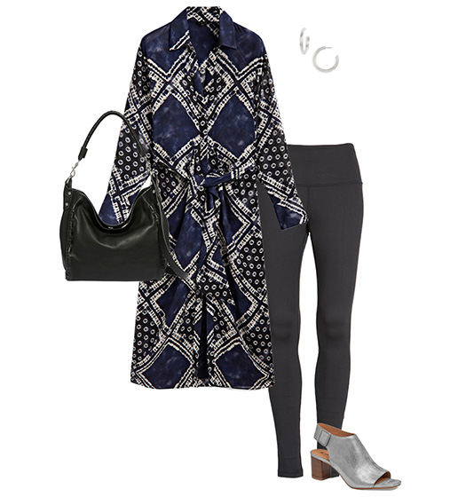 Leggings outfit for women over 40: wear with a long dress and  pair of bootie sandalsa | 40plusstyle.com