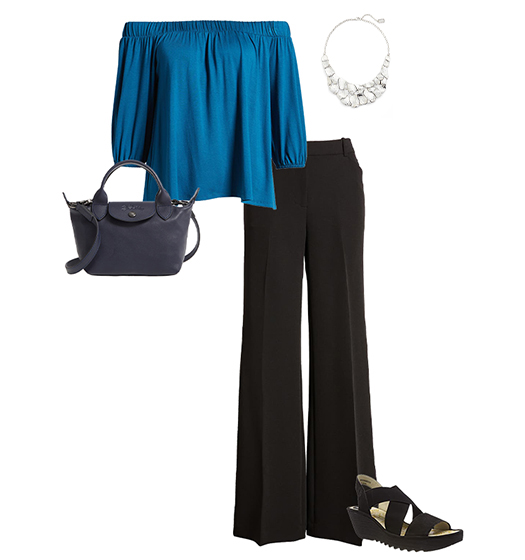 How to dress when you have a pear body shape: off the shoulder top, wide pants and statement necklace | 40plusstyle.com