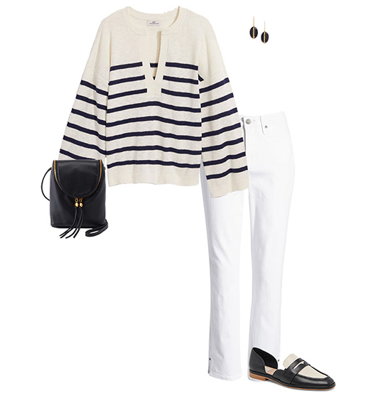 Sweater and white jeans outfit | 40plusstyle.com