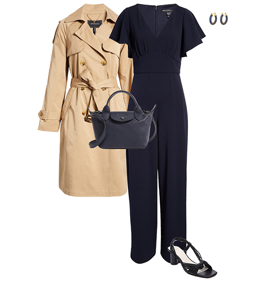 Trench coat and V-neck jumpsuit | 40plusstyle.com