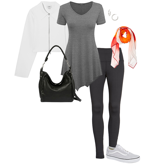 Leggings outfit for women over 40: wear with a short jacket and tunic | 40plusstyle.com