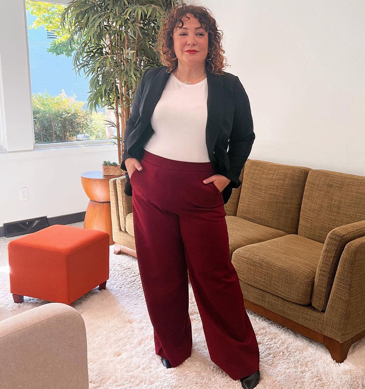 Alison wears a blazer over her burgundy pants | 40plusstyle.com