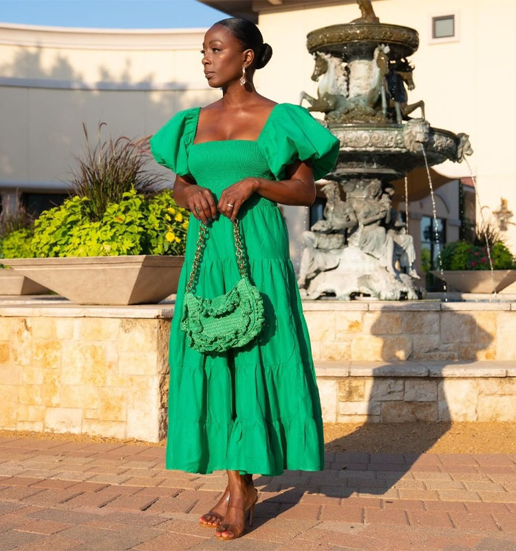Angela wears an all green outfit | 40plusstyle.com