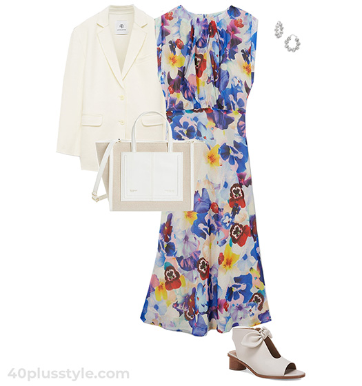 White blazer and floral dress outfit | 40plusstyle.com
