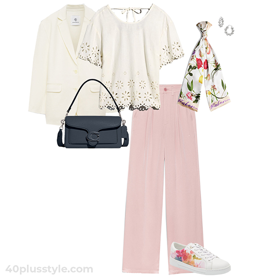 White blazer and pink pants outfit | 40plusstyle.com