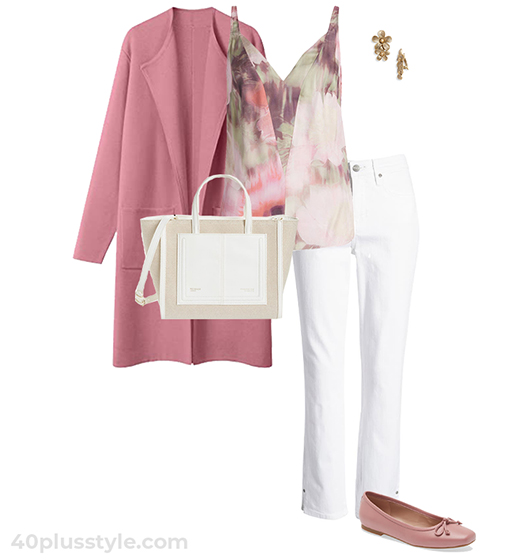Pink coat and white jeans outfit | 40plusstyle.com