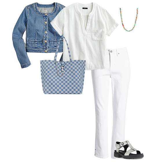 Denim jacket and white jeans outfit | 40plusstyle.com
