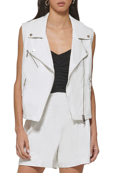 DKNY Faux Leather Moto Vest | 40plusstyle.com