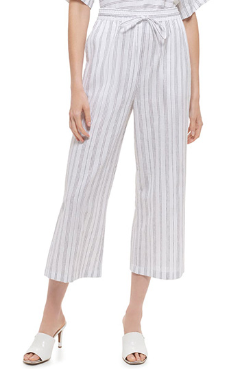 DKNY Stripe Linen & Cotton Crop Pants | 40plusstyle.com