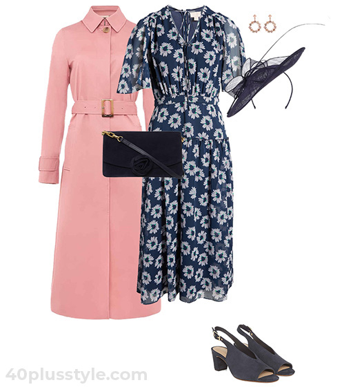 Print dress and pink coat outfit | 40plusstyle.com
