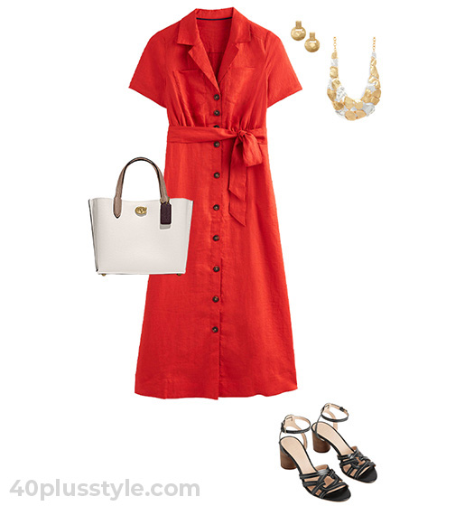 Spring outfit idea: shirtdress and heels | 40plusstyle.com