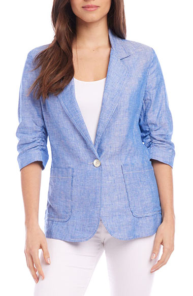 Womens jackets for summer - Karen Kane Ruched Sleeve Linen Jacket | 40plusstyle.com