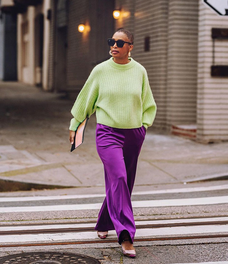 Kim wears green and purple | 40plusstyle.com
