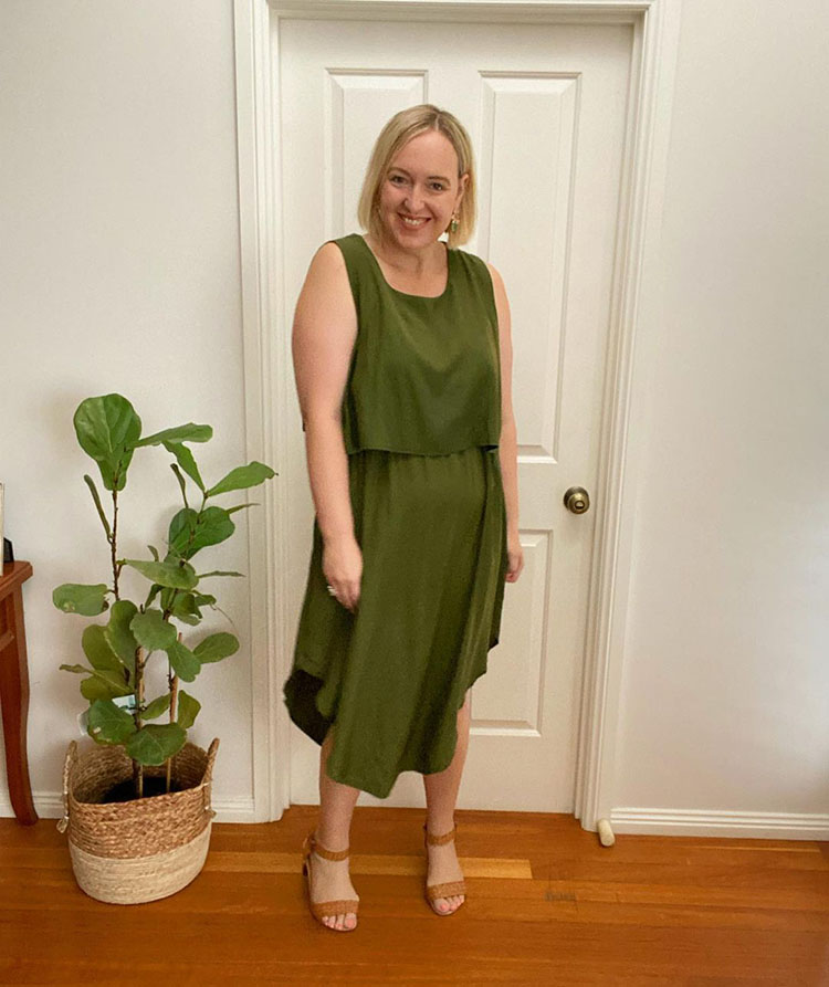 Dresses to hide a tummy - Deborah in a layered dress | 40plusstyle.com