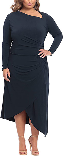 Dresses to hide your tummy: Maggy London Long Sleeve Asymmetric Neck and Hem Dress | 40plusstyle.com