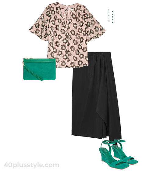 Print blouse and black skirt outfit | 40plusstyle.com
