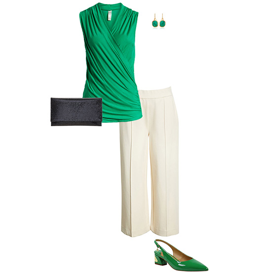 Green top and cream pants outfit | 40plusstyle.com