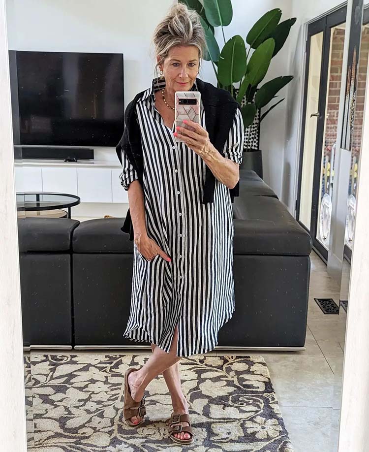 Suzie wears a striped shirt dress | 40plusstyle.com
