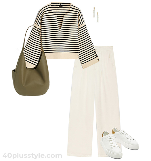 Striped sweater and wide pants outfit | 40plusstyle.com