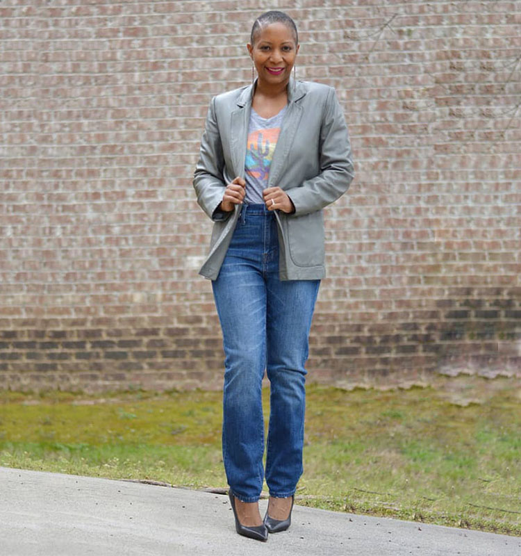 Troy wears a pair of straight jeans and heels  | 40plusstyle.com