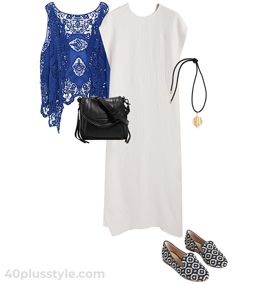 Crochet cover-up and white dress outfit | 40plusstyle.com