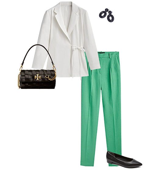 White jacket and green pants outfit | 40plusstyle.com