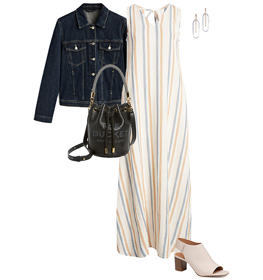 Summer dresses for women over 40 - denim jacket and stripe dress outfit | 40plusstyle.com