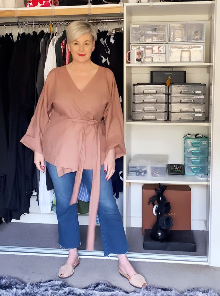 How to cover your upper arms - Deborah wears a wrap top | 40plusstyle.com