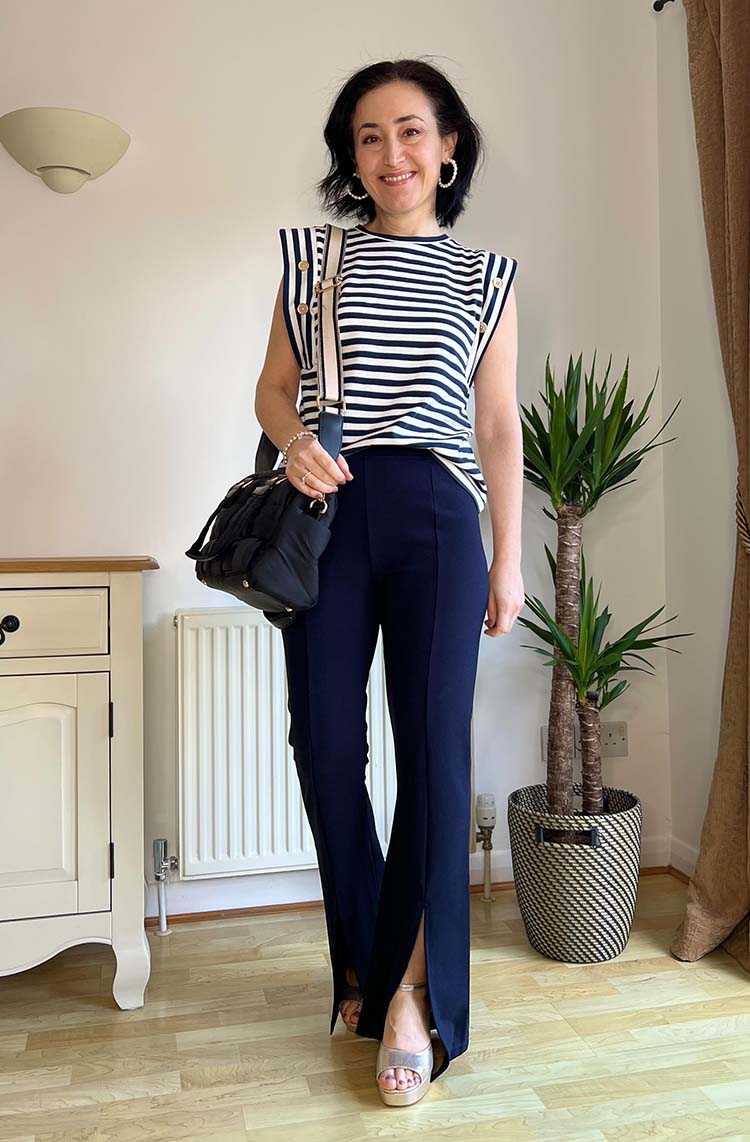 How to wear navy blue - Emms wears navy pants and striped top | 40plusstyle.com