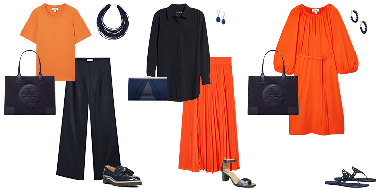 Navy blue and orange outfit ideas | 40plusstyle.com