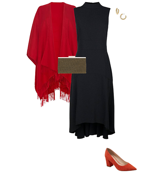 Red wrap and black dress outfit | 40plusstyle.com