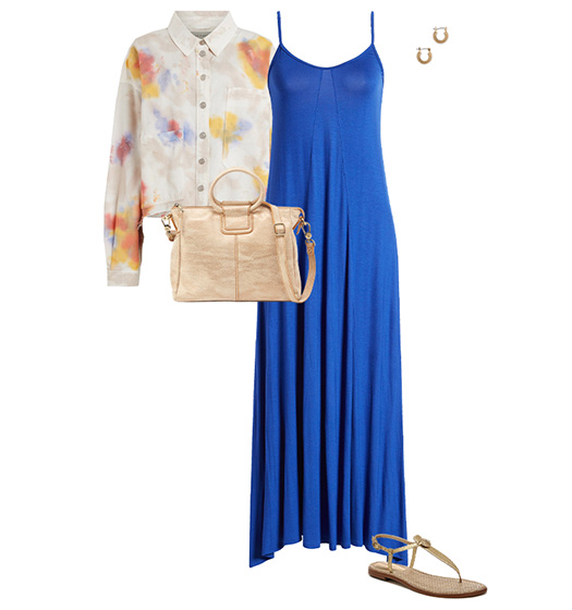 Gold shoes and maxi dress outfit | 40plusstyle.com