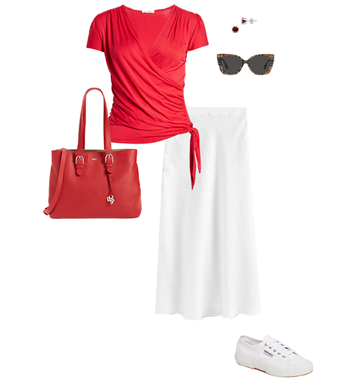 Red top and white skirt outfit | 40plusstyle.com