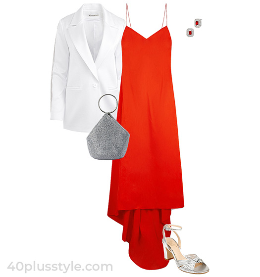 Gala outfit idea: blazer, maxi dress and silver accessories and heels | 40plusstyle.com