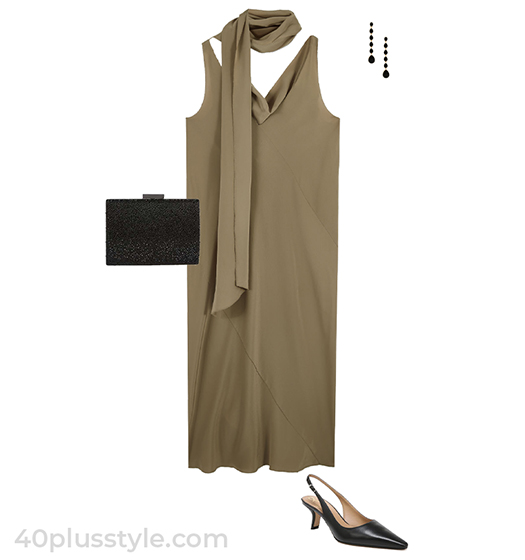 Gala outfit idea: silk scarf dress and slingback pumps | 40plusstyle.com