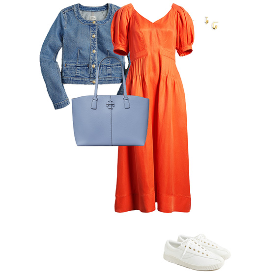 Outfits for mom - Denim jacket, dress and sneakers | 40plusstyle.com
