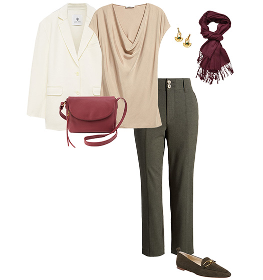 Autumn outfit: blazer, cowl neck silk top, trousers and loafers | 40plusstyle.com