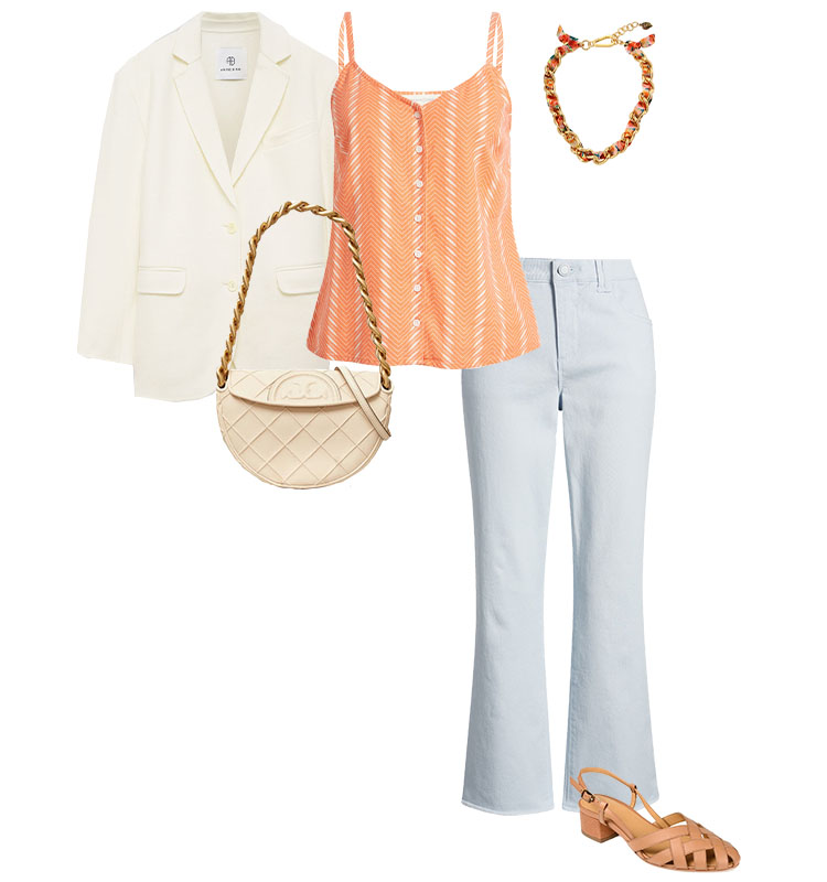 Spring palette: cream blazer, orange top and muted jeans | 40plusstyle.com
