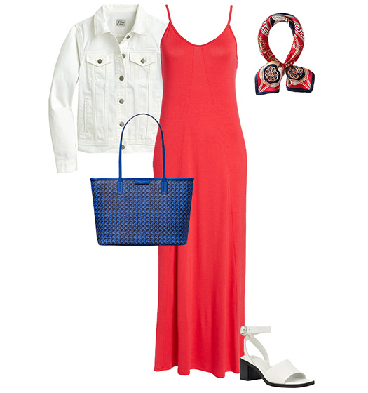 Winter palette: white jeans and sandals, red dress and blue tote | 40plusstyle.com
