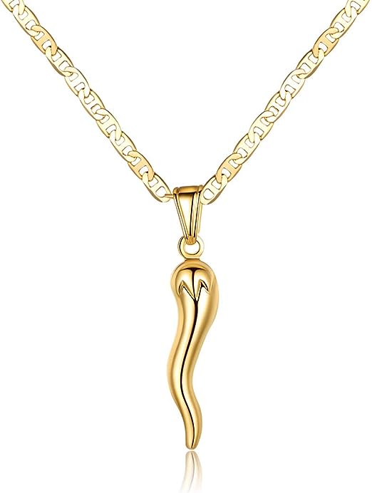 Barzel 18K Gold Plated Flat Marina Chain With Italian Horn Necklace Cornicello | 40plusstyle.com