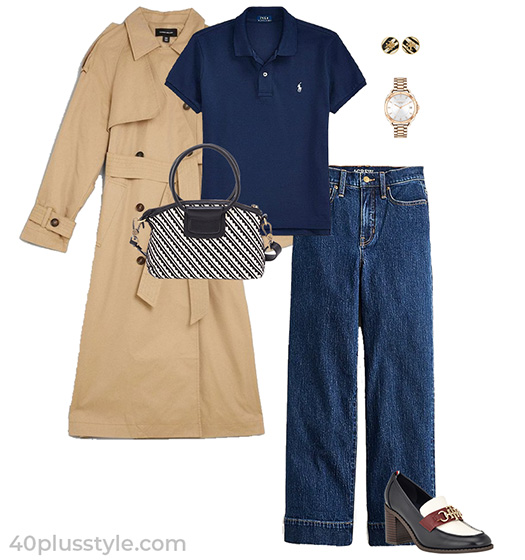 Trench coat and jeans outfit| 40plusstyle.com