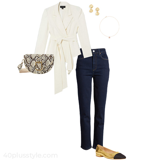 Belted blazer and jeans outfit | 40plusstyle.com