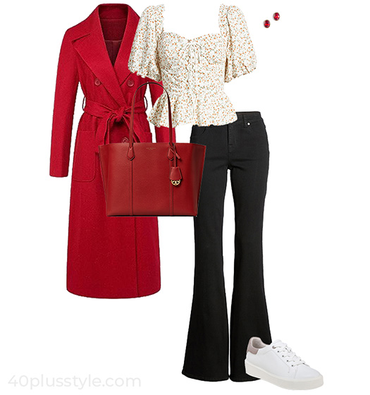 Red coat and jeans outfit | 40plusstyle.com