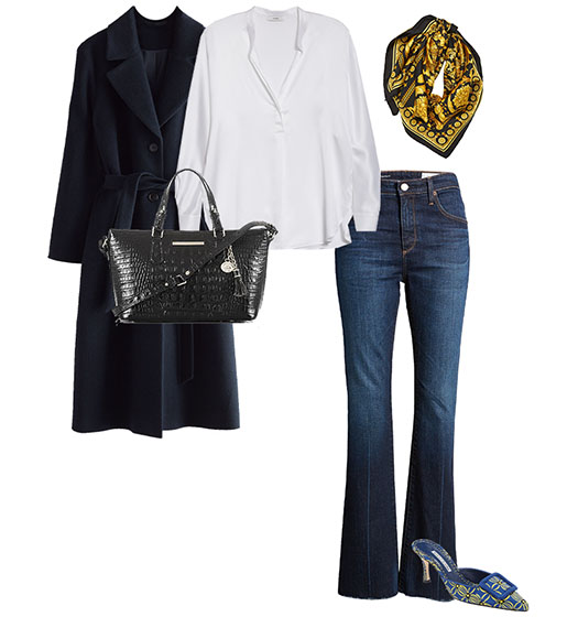 Italian inspired outfit: coat, silk blouse, bootcut jeans and mules | 40plusstyle.com