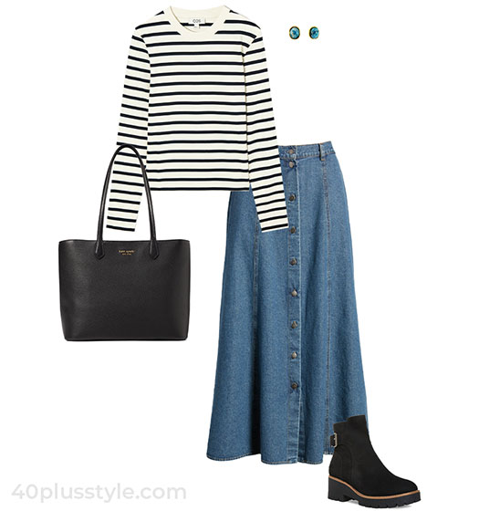 Stripe top and denim skirt outfit | 40plusstyle.com