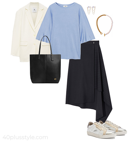 Blazer worn with tee, asymmetric skirt and sneakers | 40plusstyle.com