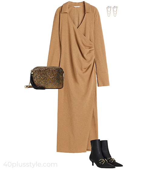 Wrap midi dress and booties | 40plusstyle.com