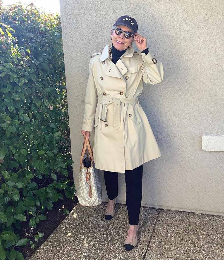 Eileen in trench trench coat, pants and flats | 40plusstyle.com