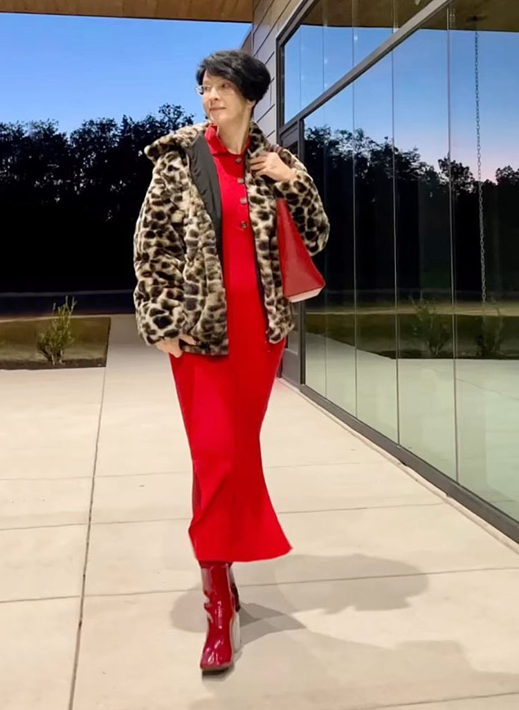 Natalia in leopard fur coat, maxi dress and boots | 40plusstyle.com