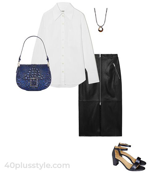 Leather with a classic white shirt | 40plusstyle.com